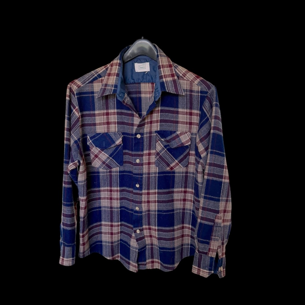 70's Sears Vintage Plaid Flannel Shirt Navy Blue Burgundy Tan Med/L